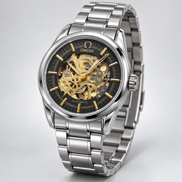 Lunettes de soleil Omega Skeleton Automatic portées par un mannequin